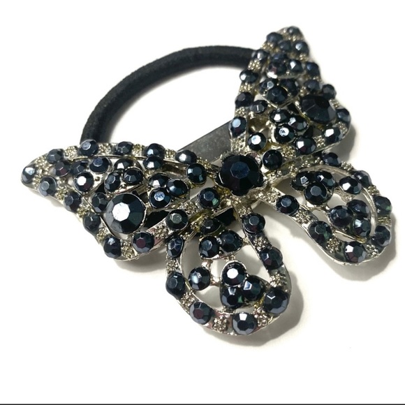 Ponytail Holder Brooch Black Rhinestones 2 In 1 Butterfly - Picture 1 of 2